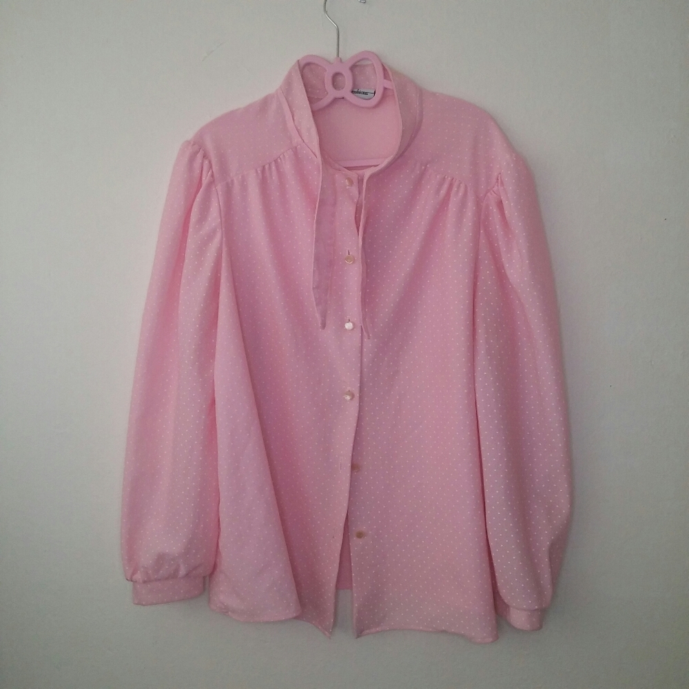 1970s Vintage Pink Polka Dot Bow Blouse